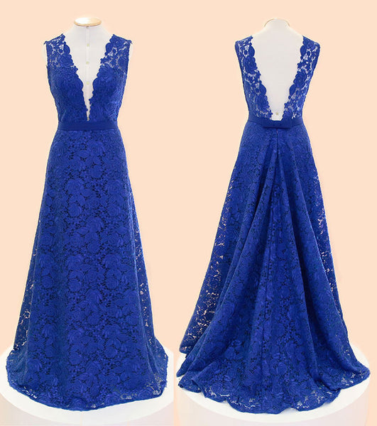 MACloth Straps V neck Lace Maxi Prom Dress Royal Blue Formal Gown