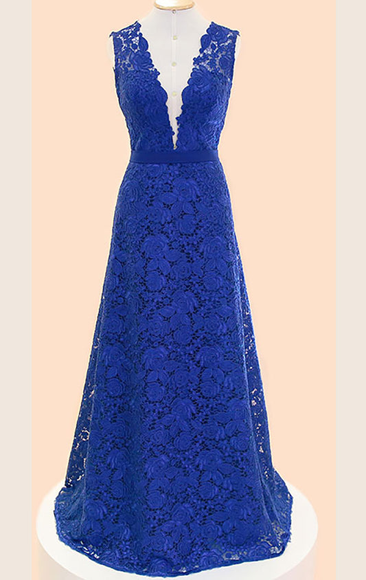 Vestido de fiesta largo de encaje con escote en V y tirantes MACloth, vestido formal azul real