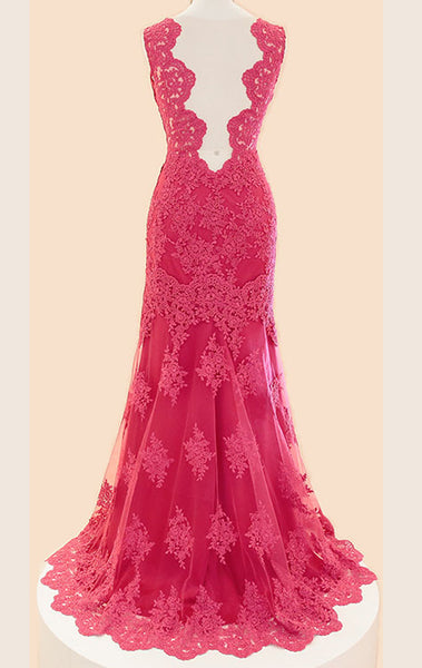 MACloth Straps V Neck Lace Long Prom Dress Fuchsia Lace Formal Gown