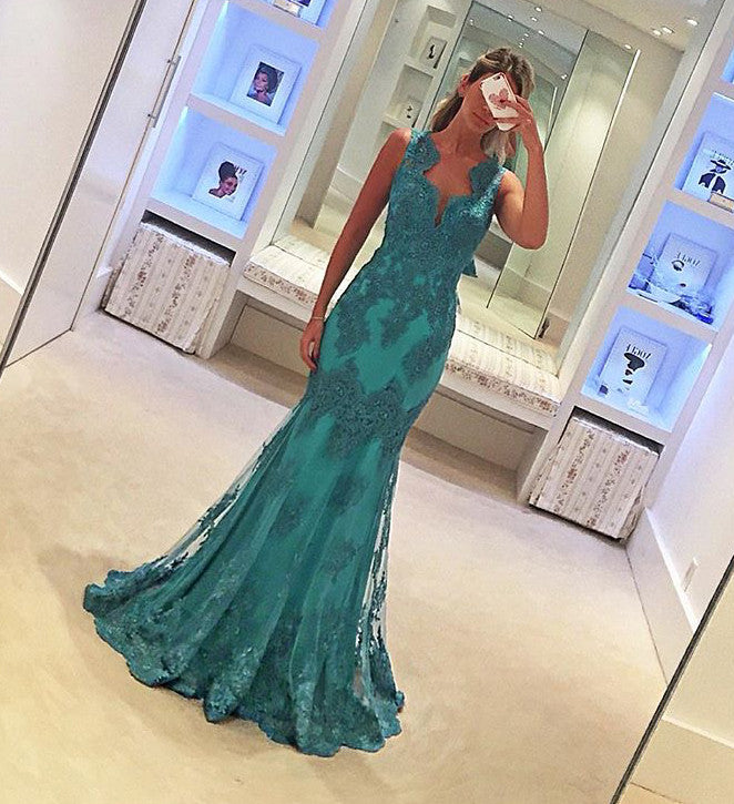 MACloth Träger V-Ausschnitt Spitze Langes Ballkleid Fuchsia Spitze Abendkleid