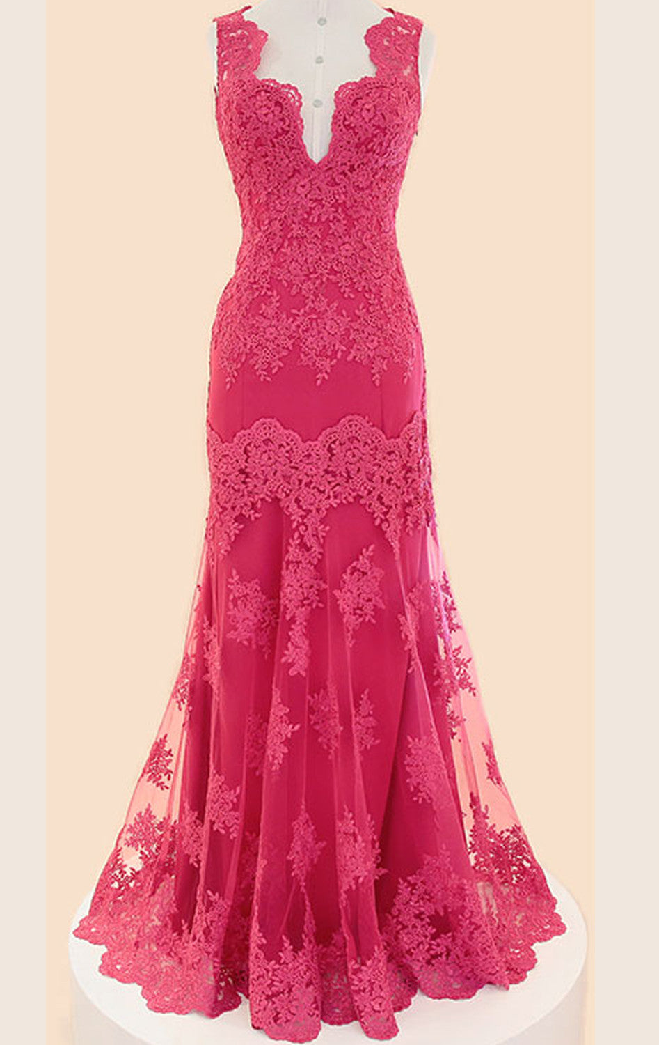 MACloth Träger V-Ausschnitt Spitze Langes Ballkleid Fuchsia Spitze Abendkleid