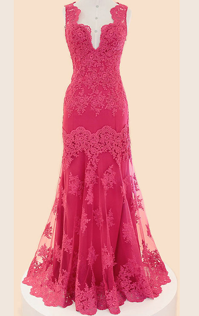 MACloth Straps V Neck Lace Long Prom Dress Fuchsia Lace Formal Gown