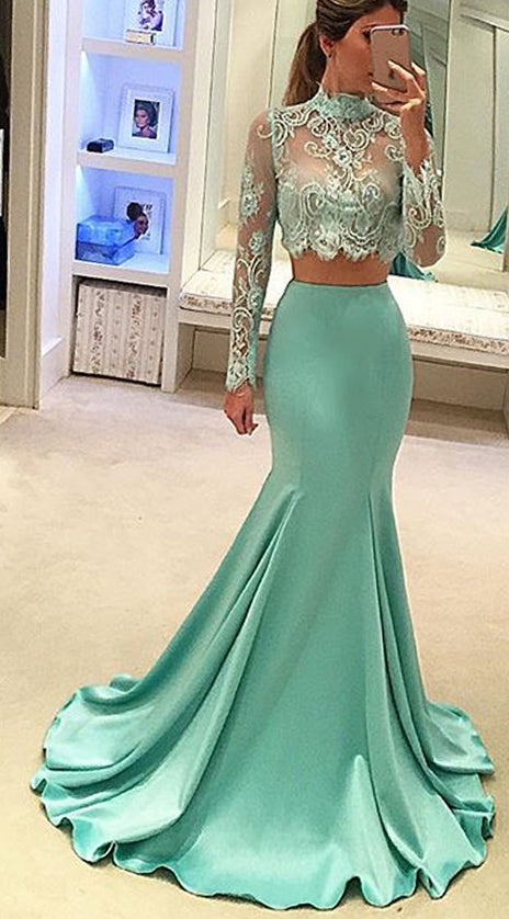 MACloth Mermaid Two Piece Long Sleeves Prom Gown Lace Formal Dress