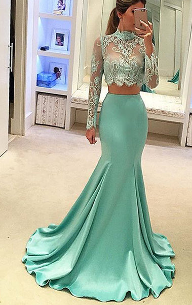 MACloth Mermaid Two Piece Long Sleeves Prom Gown Lace Formal Dress
