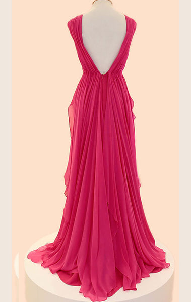 MACloth Mermaid Straps V Neck Chiffon Long Prom Dress Fuchsia Formal Gown