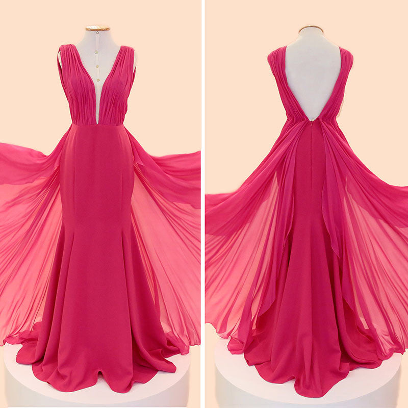 MACloth Meerjungfrau Träger V-Ausschnitt Chiffon Langes Ballkleid Fuchsia Abendkleid