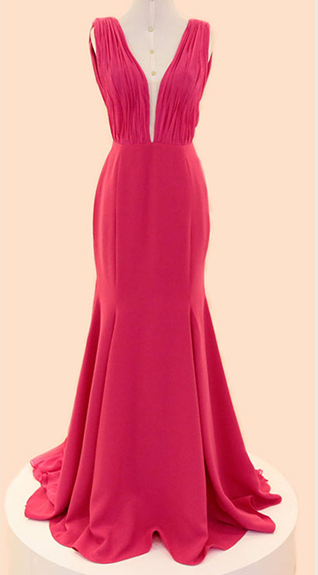 MACloth Mermaid Straps V Neck Chiffon Long Prom Dress Fuchsia Formal Gown