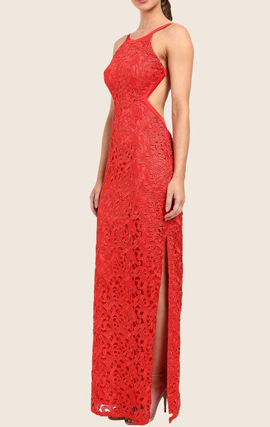 MACloth Halter O Neck Lace Maxi Prom Dress Red Formal Party Gown