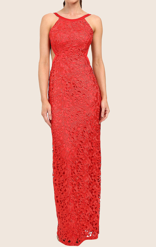 Vestido largo de fiesta de encaje con cuello halter y escote redondo de MACloth, vestido formal rojo para fiesta