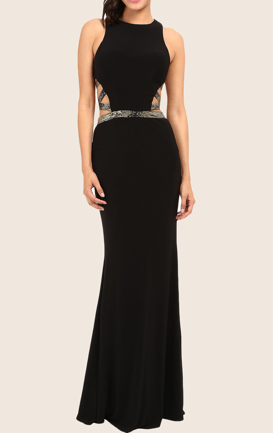 Vestido de fiesta largo de noche formal negro con tirantes de sirena y cuello redondo de MACloth