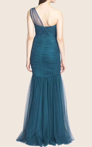 MACloth Mermaid One Shoulder Tulle Long Prom Dress Teal Formal Evening Gown
