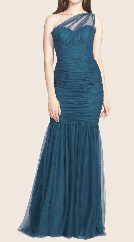MACloth Mermaid One Shoulder Tulle Long Prom Dress Teal Formal Evening Gown