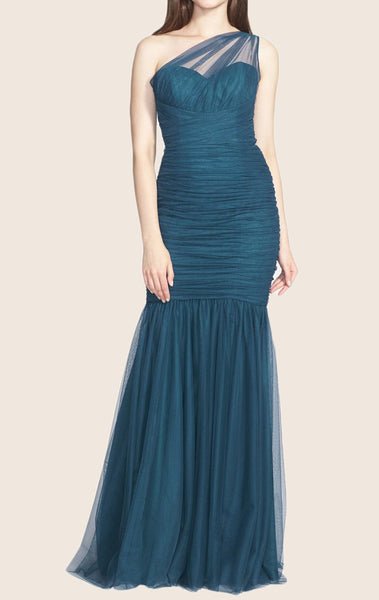 MACloth Mermaid One Shoulder Tulle Long Prom Dress Teal Formal Evening Gown