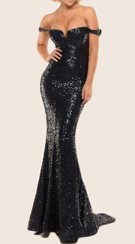 MACloth Mermaid Off the Shoulder Sequin Prom Dress Black Formal Gown