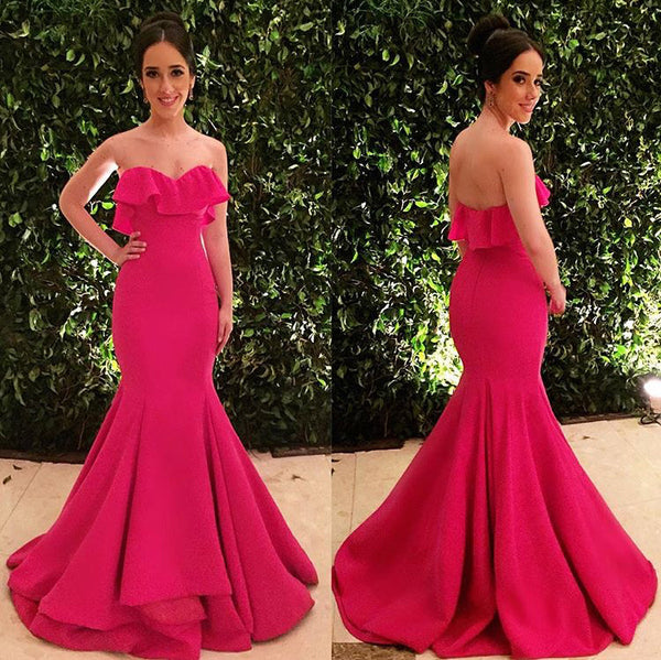 MACloth Mermaid Strapless Long Prom Dress Fuchsia Formal Evening Gown