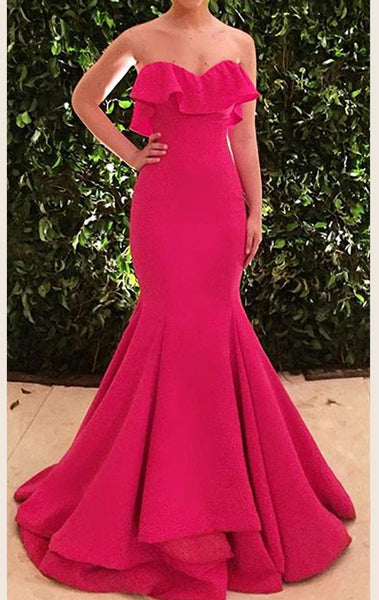 MACloth Mermaid Strapless Long Prom Dress Fuchsia Formal Evening Gown