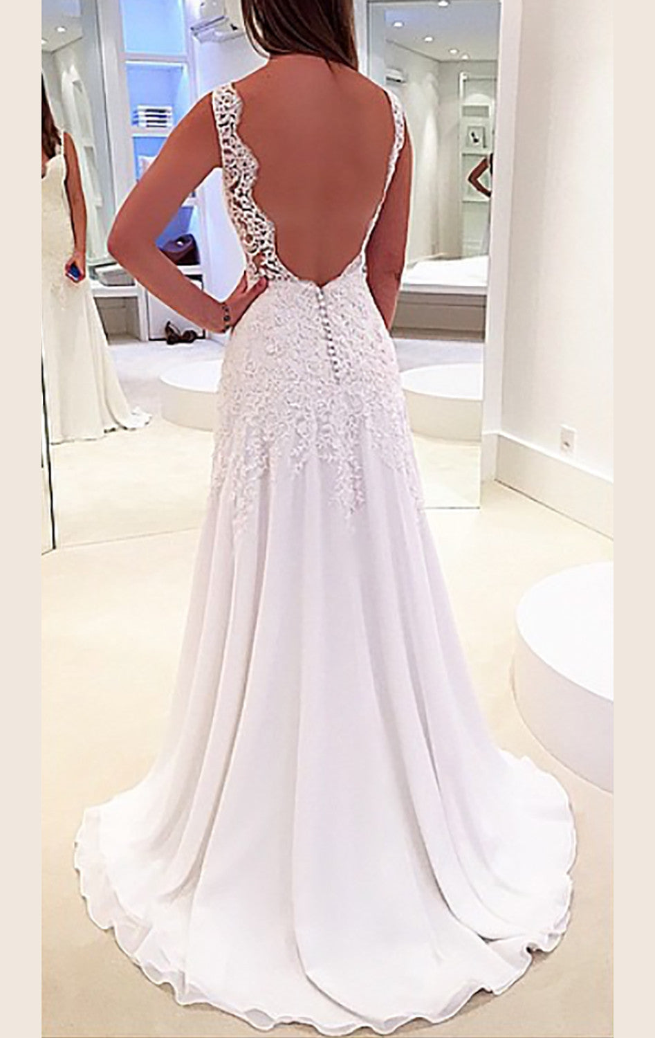 MACloth Träger V-Ausschnitt Spitze Chiffon Langes Ballkleid Elfenbein Abendkleid