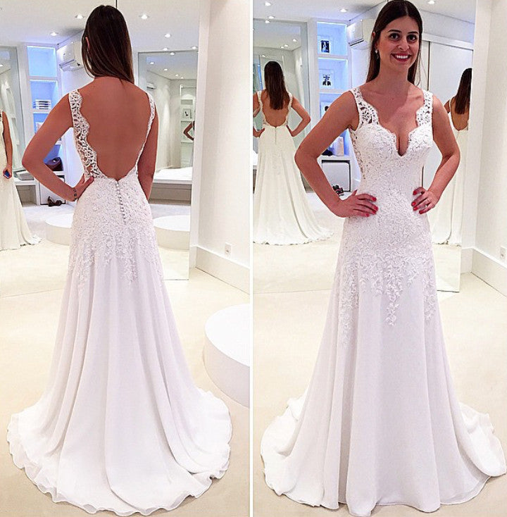 MACloth Träger V-Ausschnitt Spitze Chiffon Langes Ballkleid Elfenbein Abendkleid