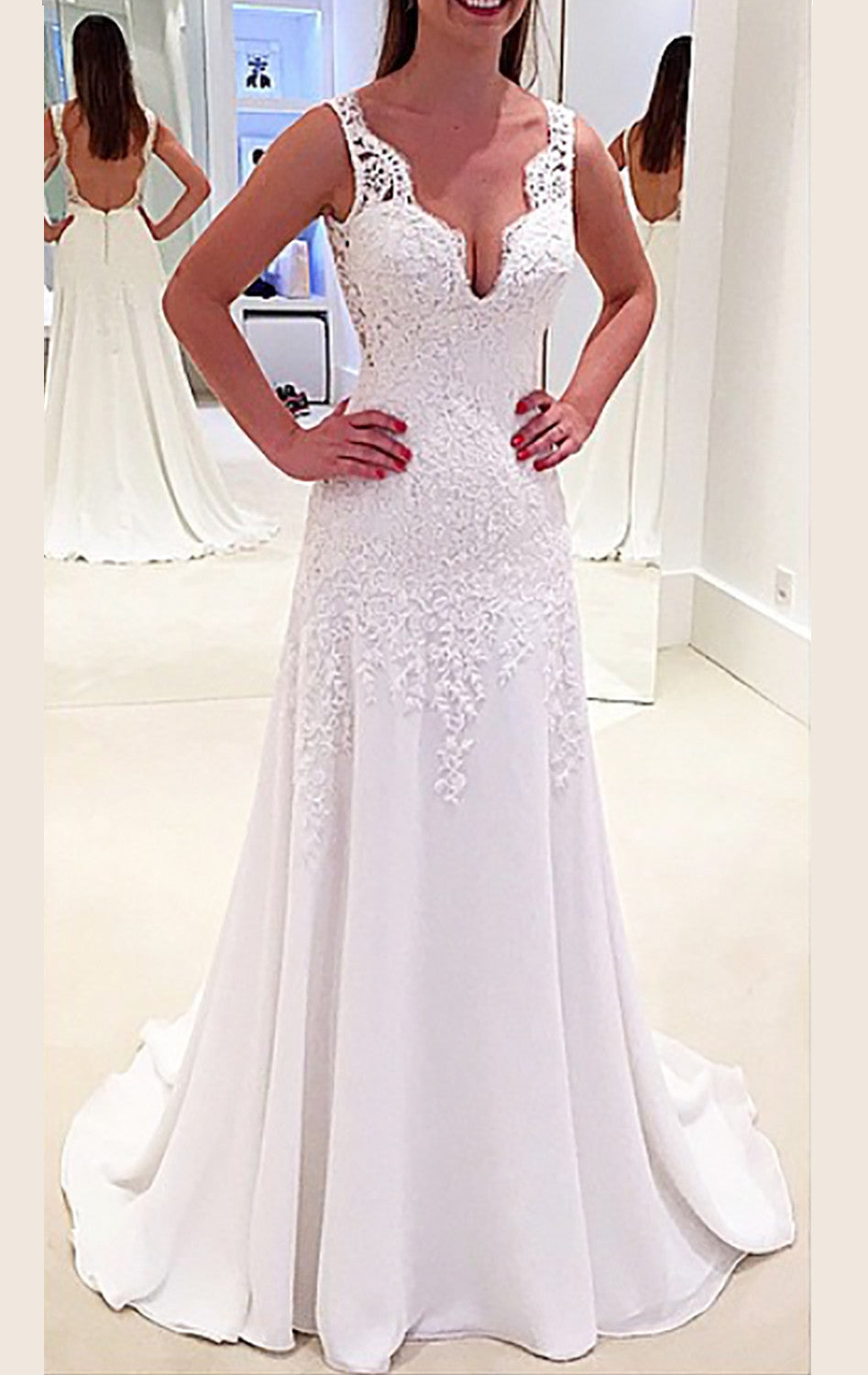 MACloth Träger V-Ausschnitt Spitze Chiffon Langes Ballkleid Elfenbein Abendkleid