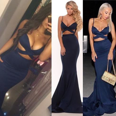 MACloth Mermaid Two Piece Sexy Jersey Prom Dress Dark Navy Formal  Gown