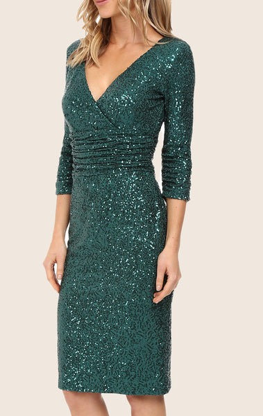 MACloth Half Sleeves V Neck Sequin Cocktail Dress Midi Party Formal Gown