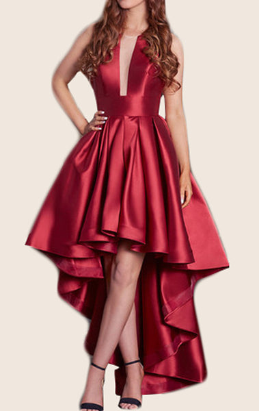 MACloth Straps V Neck High low Prom Dress Red Formal Party Gown