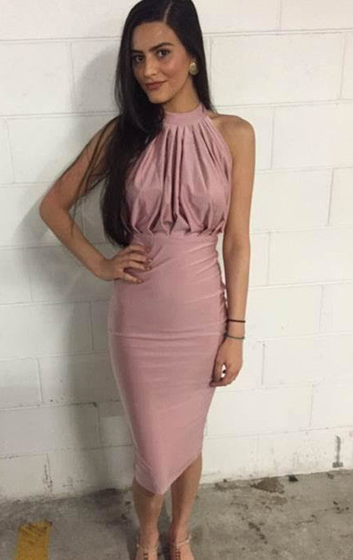 MACloth Halter Jersey Cocktail Dress Open Back Midi Bridemaid Dress