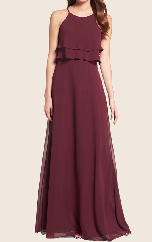 MACloth Träger O-Ausschnitt Chiffon Stufenkleid Langes Brautjungfernkleid Abendkleid