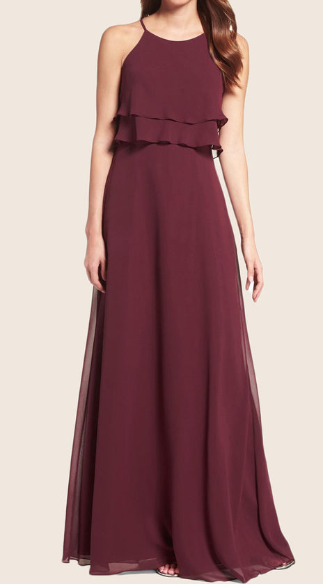 MACloth Straps O Neck Chiffon Tiered Long Bridesmaid Dress Formal Gown