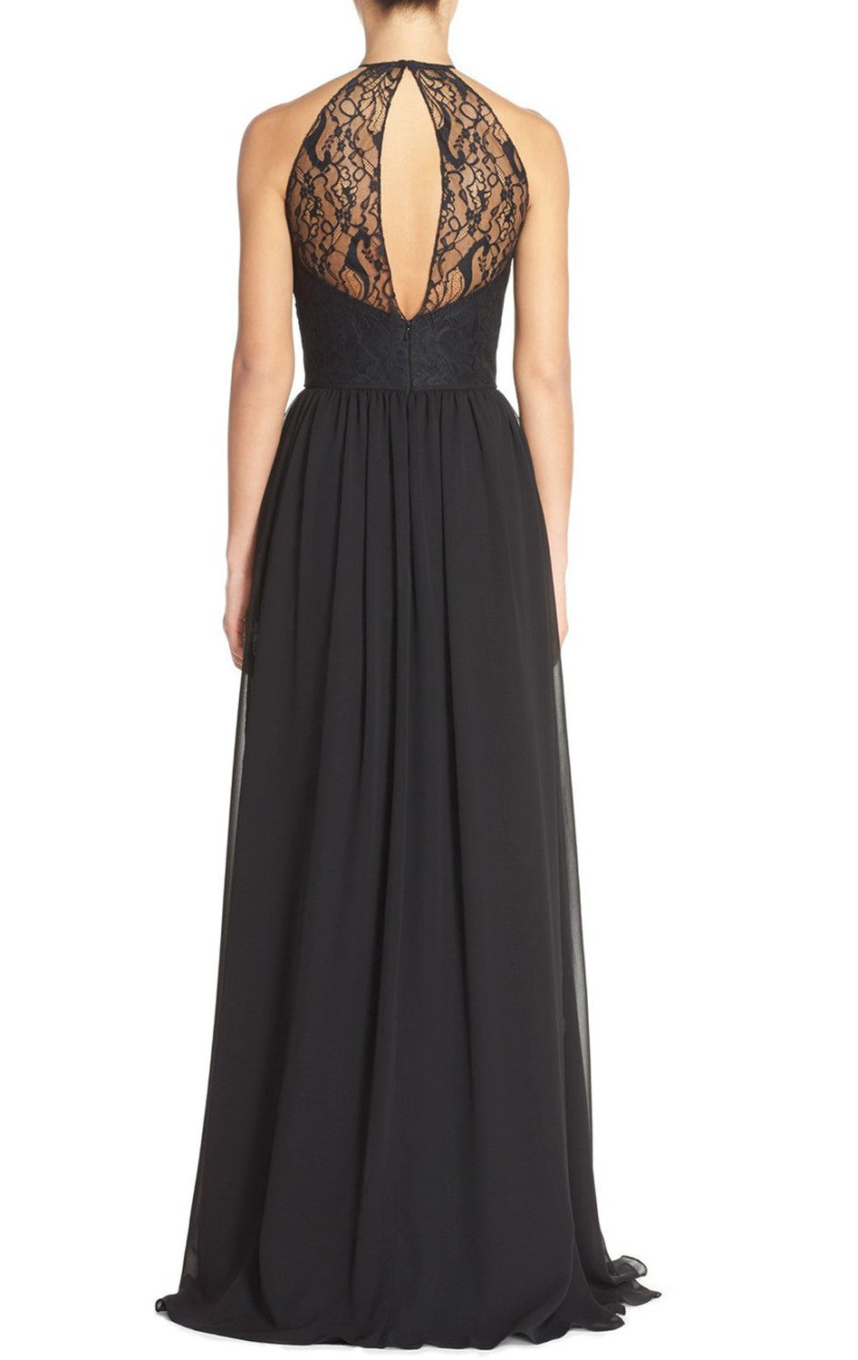 MACloth Neckholder Spitzen Chiffon Langes schwarzes Brautjungfernkleid Schlichtes Ballkleid