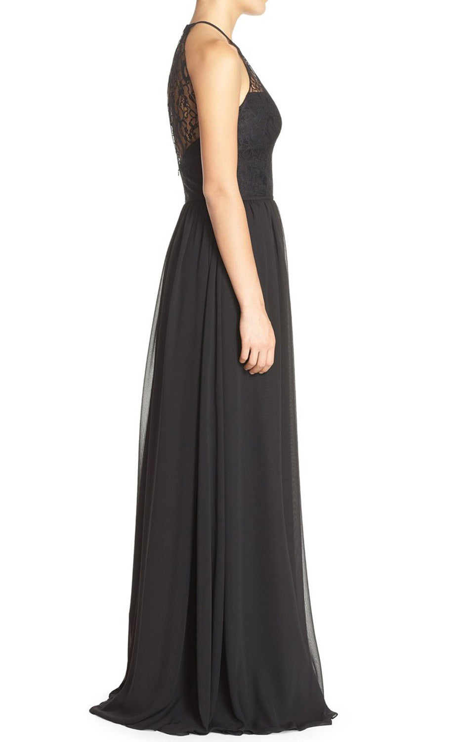 MACloth Neckholder Spitzen Chiffon Langes schwarzes Brautjungfernkleid Schlichtes Ballkleid