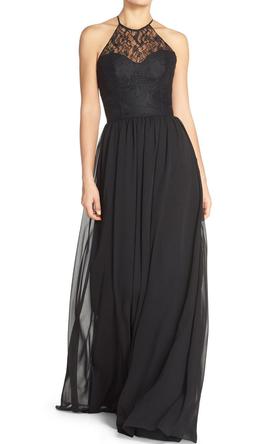 MACloth Neckholder Spitzen Chiffon Langes schwarzes Brautjungfernkleid Schlichtes Ballkleid