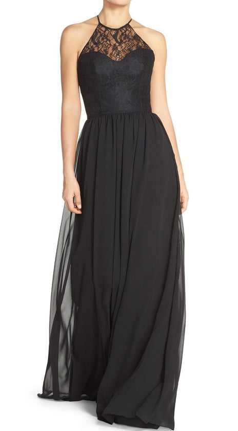 MACloth Halter Lace Chiffon Long Black Bridesmaid Dress Simple Prom Dress