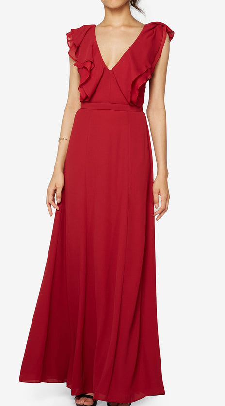 MACloth Straps V Neck Chiffon Long Bridesmaid Dress Ruffled Prom Gown