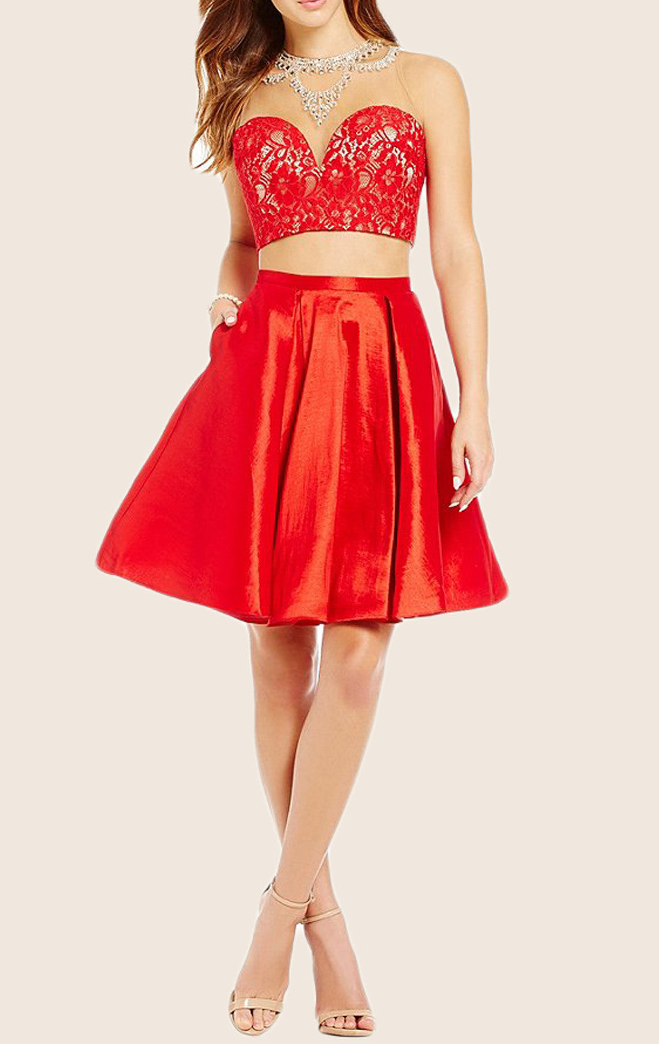 MACloth Zweiteiliges kurzes Ball-/Homecoming-Kleid aus Spitzentaft