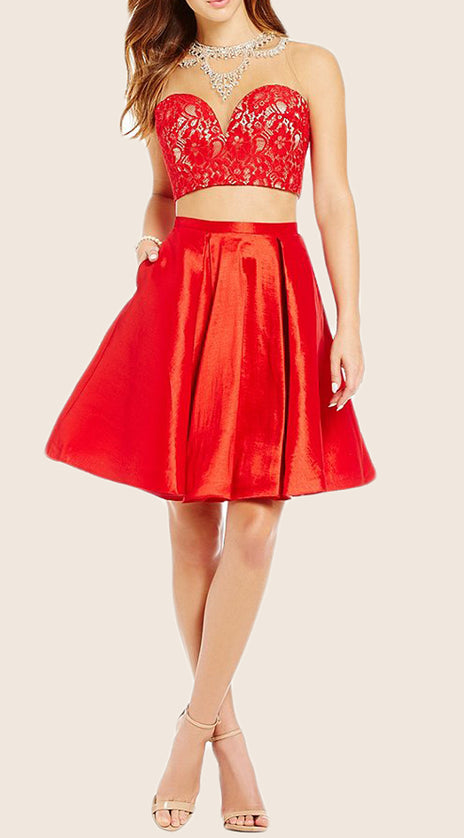 MACloth Two Piece Lace Taffeta Short Prom Homecoming Dress