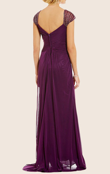 MACloth Cap Sleeves V Neck  Chiffon Mother of the Brides Dress Purple Evening Gown