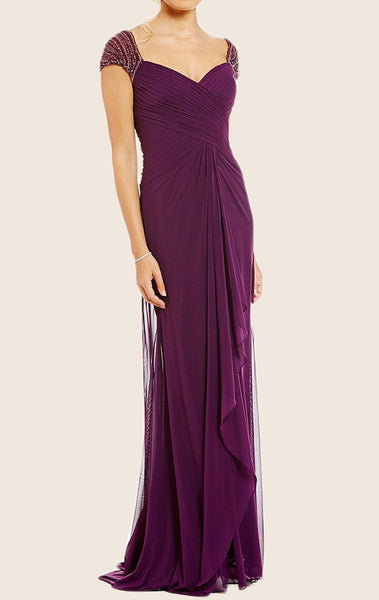 MACloth Cap Sleeves V Neck  Chiffon Mother of the Brides Dress Purple Evening Gown