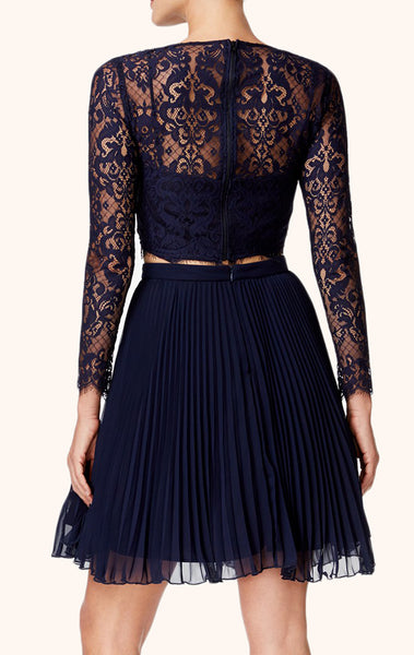 MACloth Long Sleeves Two Piece Lace Cocktail Dress Dark Navy Short Formal Gown