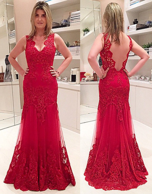 Vestido de fiesta largo rojo formal con escote en V, encaje y espalda abierta con tirantes MACloth