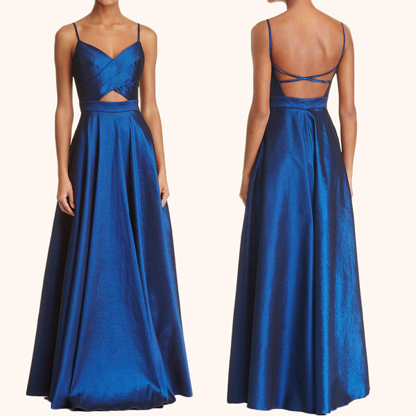MACloth Spaghetti Straps V neck Long Prom Dress Royal Blue Formal Dress
