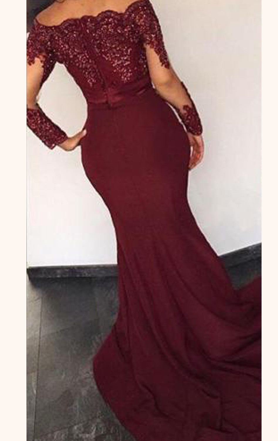 Vestido de fiesta de jersey de encaje con mangas largas y sirena de MACloth, vestido formal morado