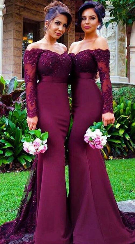MACloth Mermaid Long Sleeve Lace Jersey Prom Dress Purple Formal Gown
