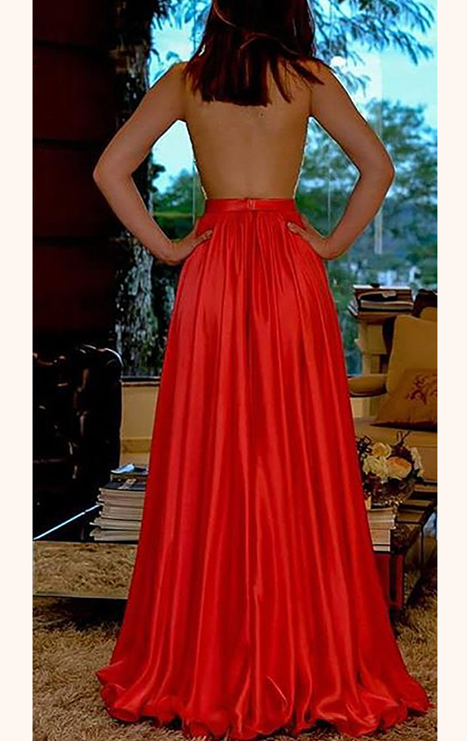 Vestido de fiesta largo de encaje con escote en V y tirantes MACloth, vestido formal rojo con espalda abierta