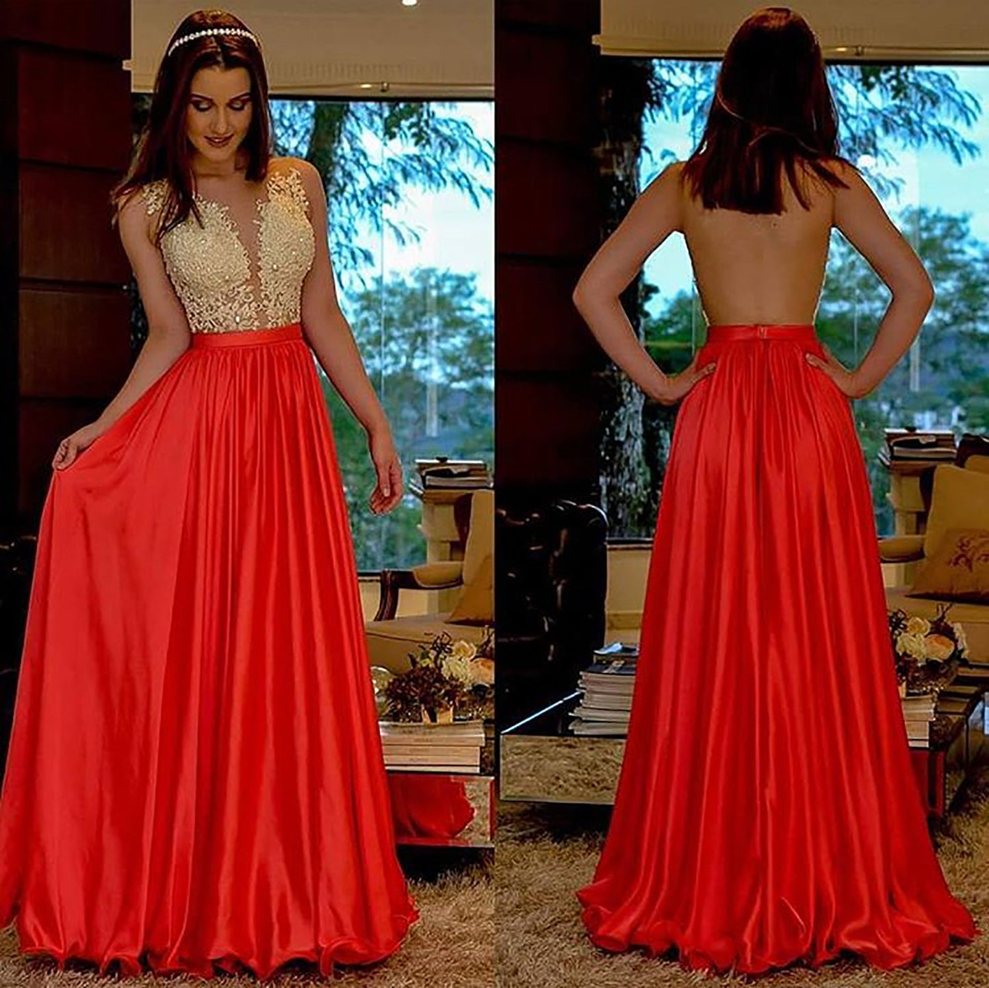 Vestido de fiesta largo de encaje con escote en V y tirantes MACloth, vestido formal rojo con espalda abierta