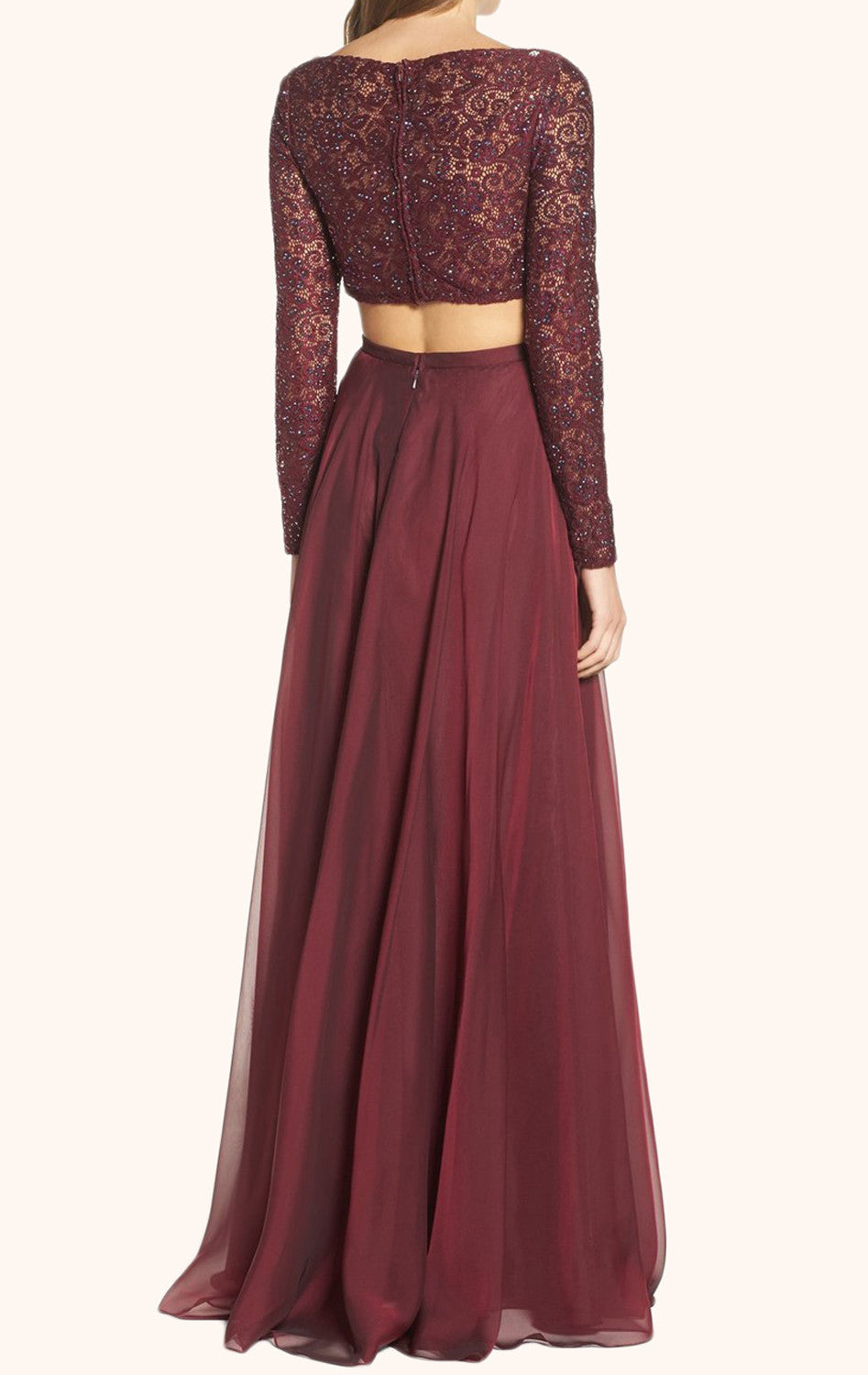 MACloth Two Piece Long Sleeves Lace Prom Gown Burgundy Formal Dress Burgundy / Tea Length / US16