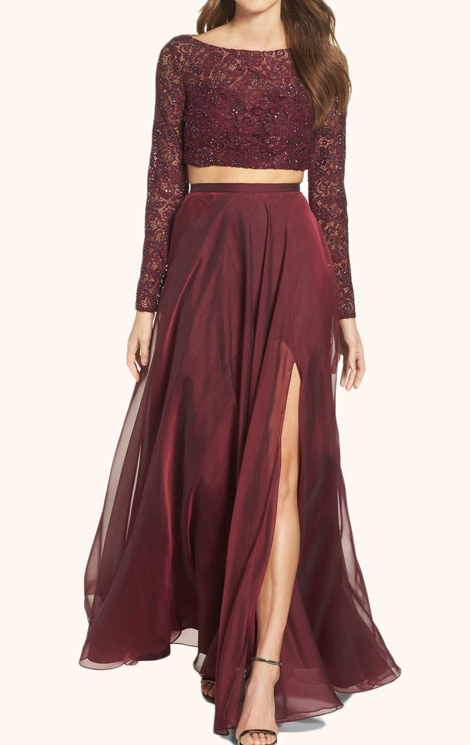 MACloth Two Piece Long Sleeves Lace Prom Gown Burgundy Formal Dress