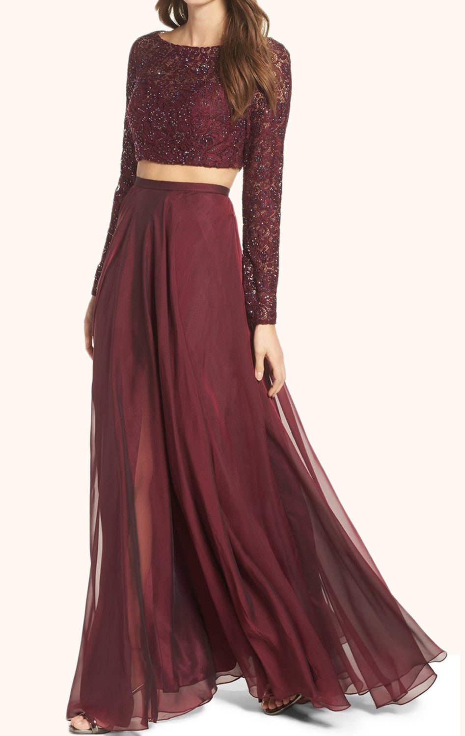 MACloth Two Piece Long Sleeves Lace Prom Gown Burgundy Formal Dress Burgundy / Tea Length / US16