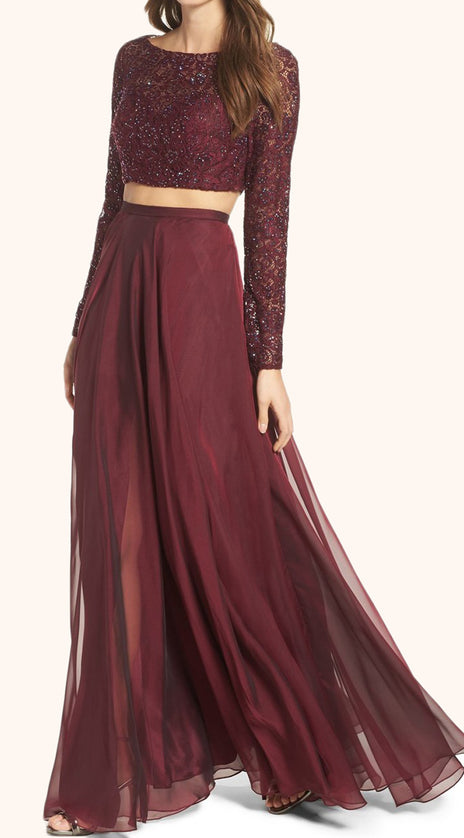 MACloth Two Piece Long Sleeves Lace Prom Gown Burgundy Formal Dress