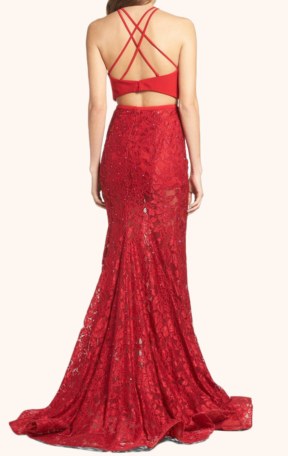 MACloth Two Piece Lace Long Prom Dress Red Formal Evening Gown Red / Floor Length / US4